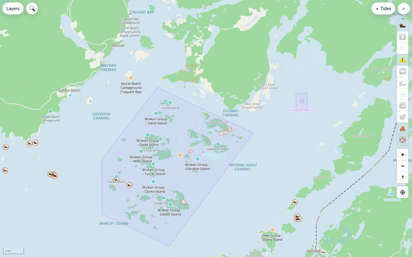 Coast Map on a computer: the Broken Group Islands in Barkley Sound with kayak campsites, launches and the park boundary