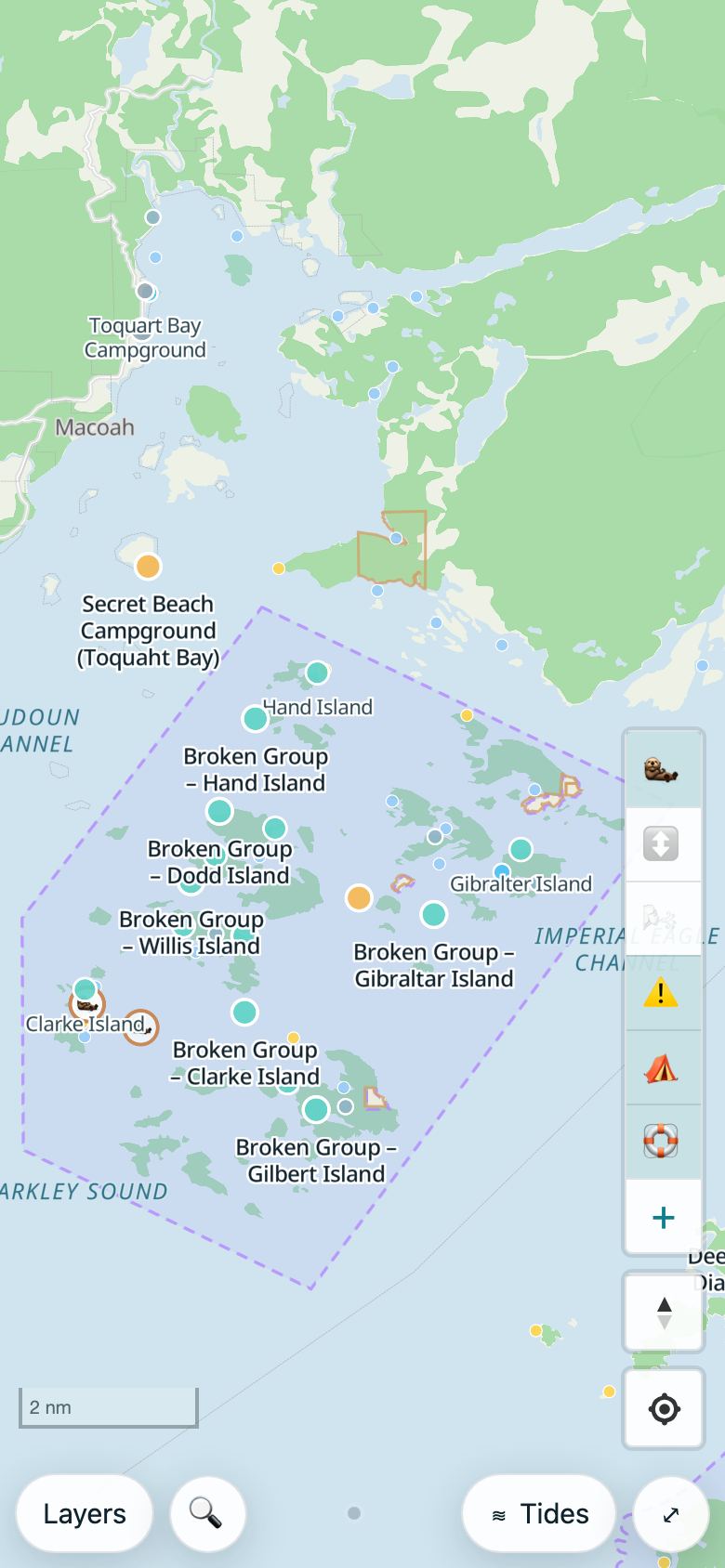 Coast Map on a phone: Broken Group campsites in Barkley Sound